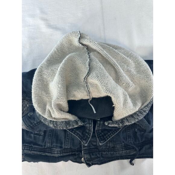 Free People Women's sz M Black Denim and Hooded Sweater Jacket Distressed Cotton - Picture 9 of 10